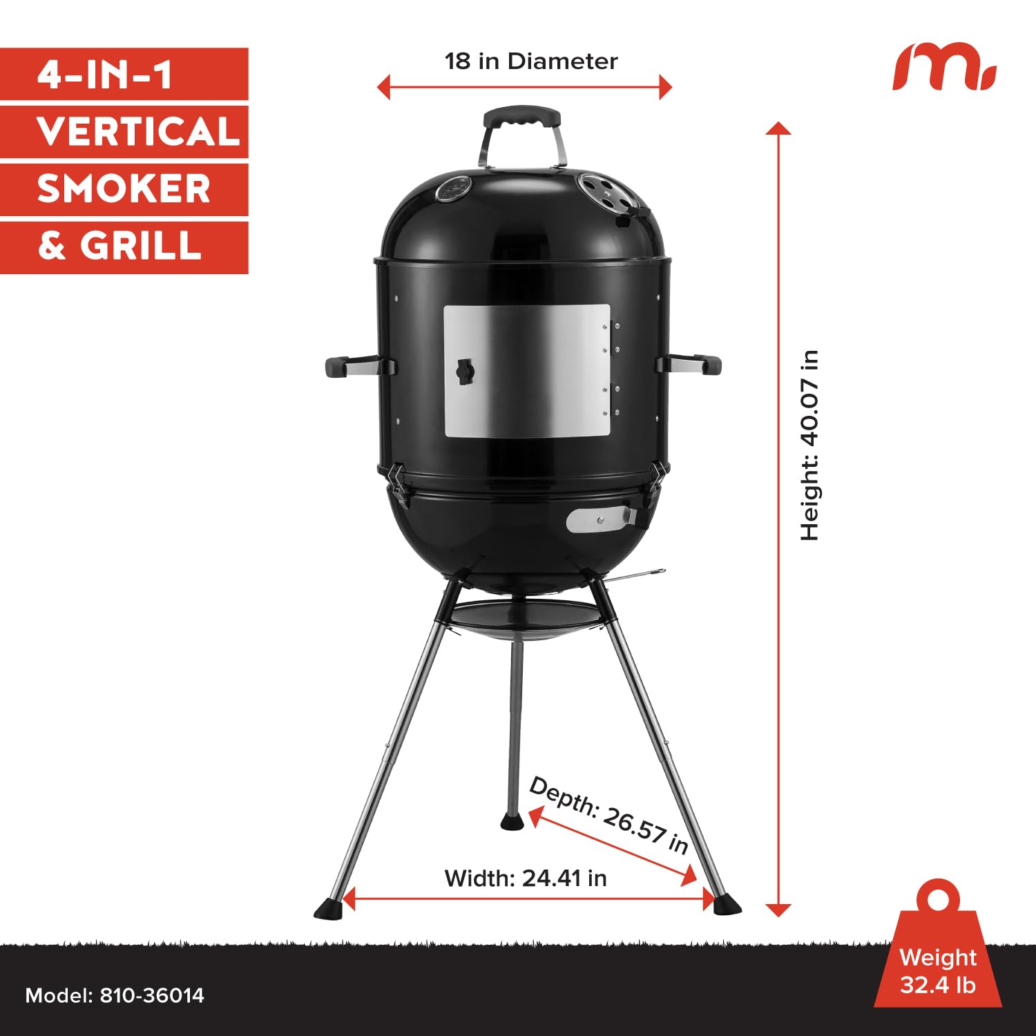 Amazon.com : Megamaster Vertical 18 Inch Charcoal BBQ Smoker, 4-in